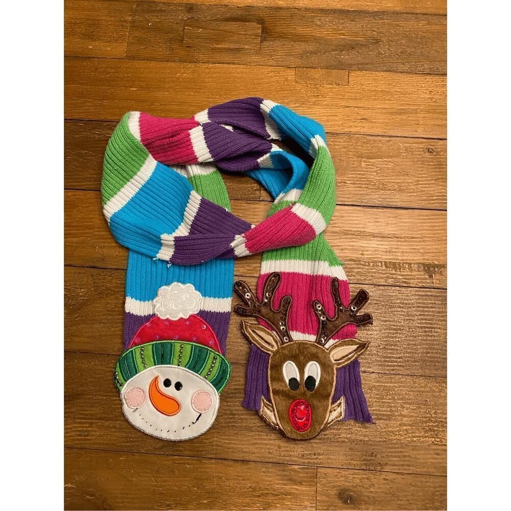Snowman Reindeer knitted kids winter snow scarf multicolor
